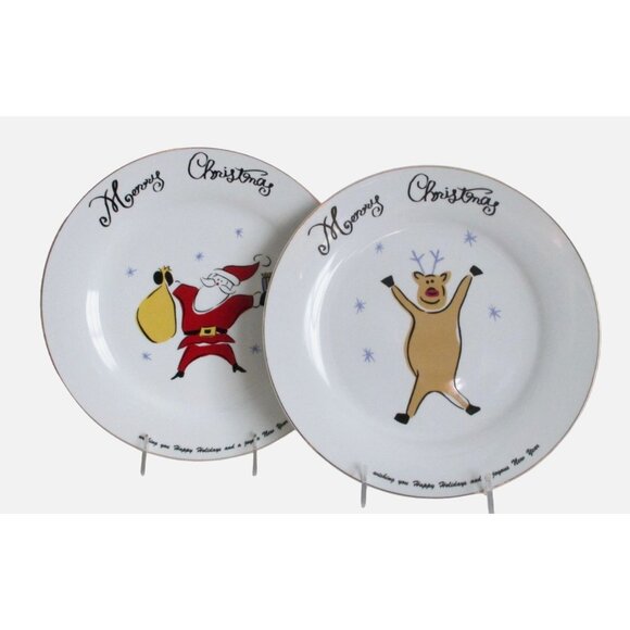 2 Merry Brite Merry Christmas Dinner Plates - Santa Reindeer - Vintage Holiday R - Picture 1 of 5